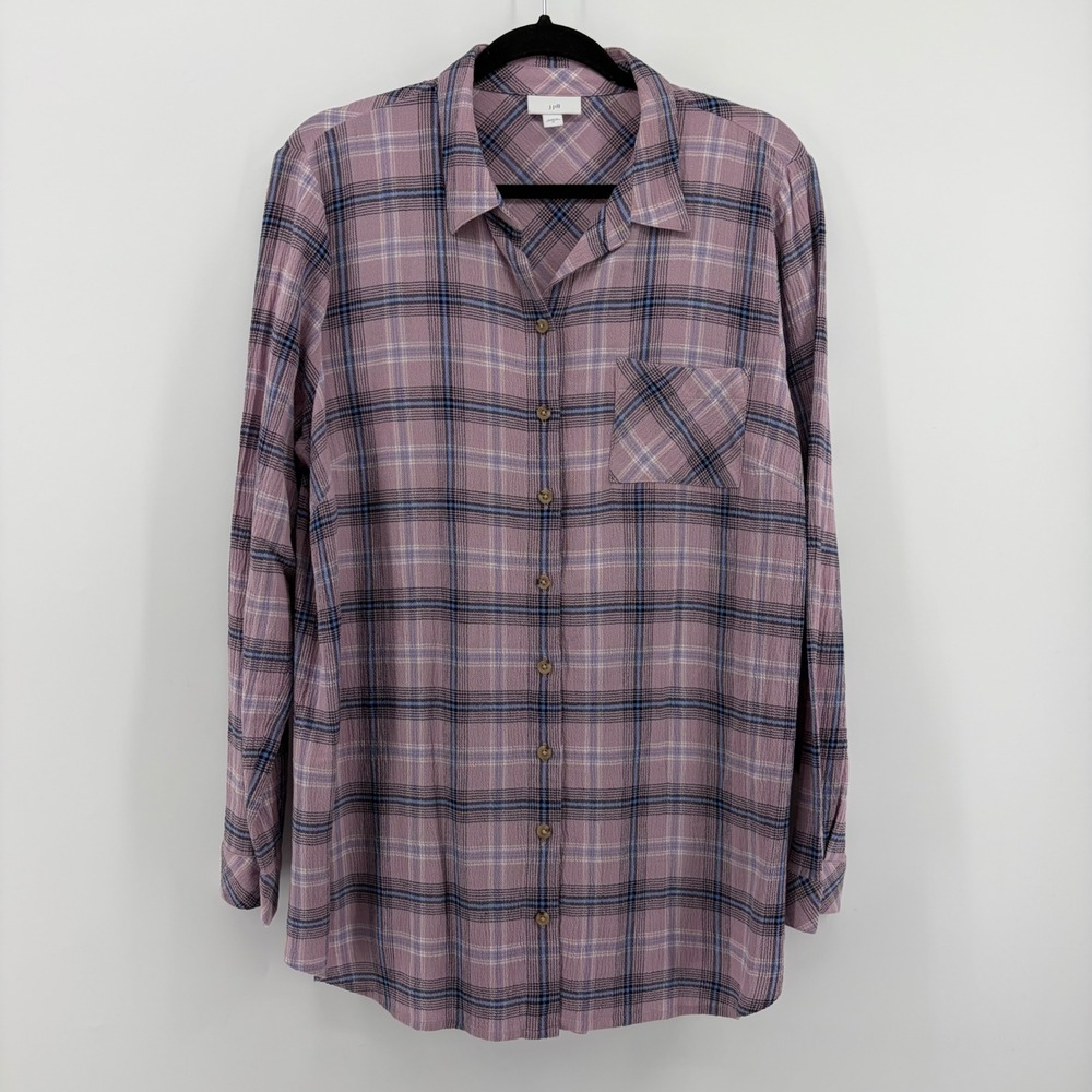 J. Jill Womens Purple Blue Plaid Cotton Button Down Shirt Long Sleeve Size M